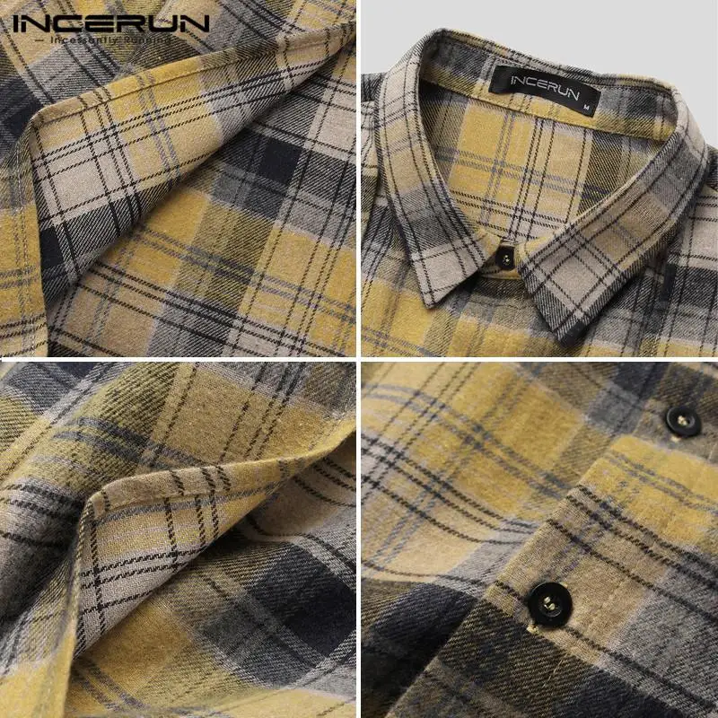 

INCERUN Men Plaid Irregular Shirt Turn Down Collar Long Sleeve Button Loose Vintage Blouse Streetwear Casual Shirts Camisas 2021
