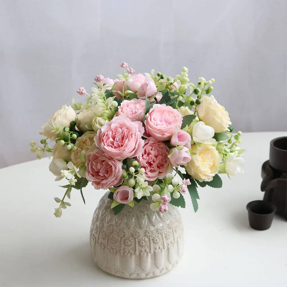 

Artificial Flowers 9 Heads Retro Silk Rose Bouquet Peony Vintage Bride Holding Fake Flower Home Wedding Decoration Accessories