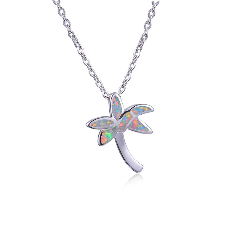 

Boho Feamle Coconut Tree Pendant Necklace Charm Silver Color Chain Necklaces For Women Dainty Blue White Opal Wedding Necklace