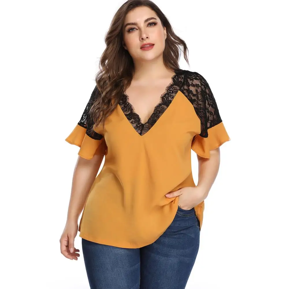 DOIB Women Large Size Tops Blouse Short Flare Sleeve Lace Patchwork Oversize Tops Shirt Summer Plus Size Blouse 4XL