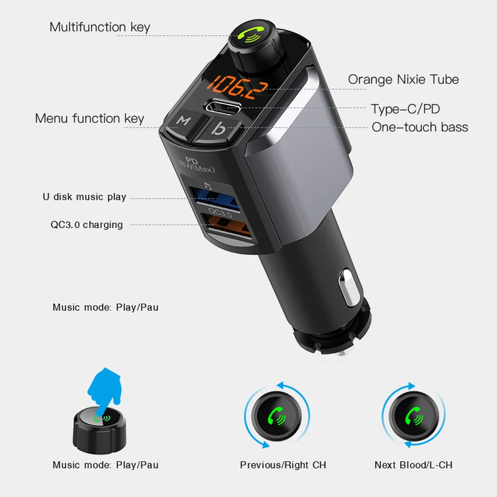 

Car Bluetooth Hands-free Call Fm Transmitter MP3 Player Phone PD Fast Charger