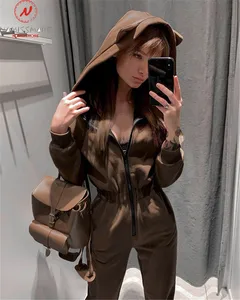 Модные женские осенне-зимние комбинезоны, лоскутный дизайн, на молнии, с капюшоном, с круглым вырезом и длинным рукавом, однотонный цвет