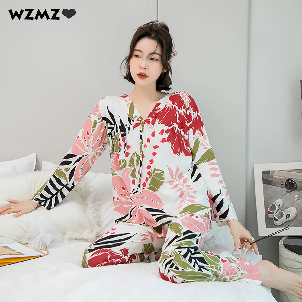 

Summer Casual Women's Pajamas Fashion Flower Print Bowknot V Neck Long Sleeve Pajama Sets Sweet Cotton Pijama pyjama pour femme