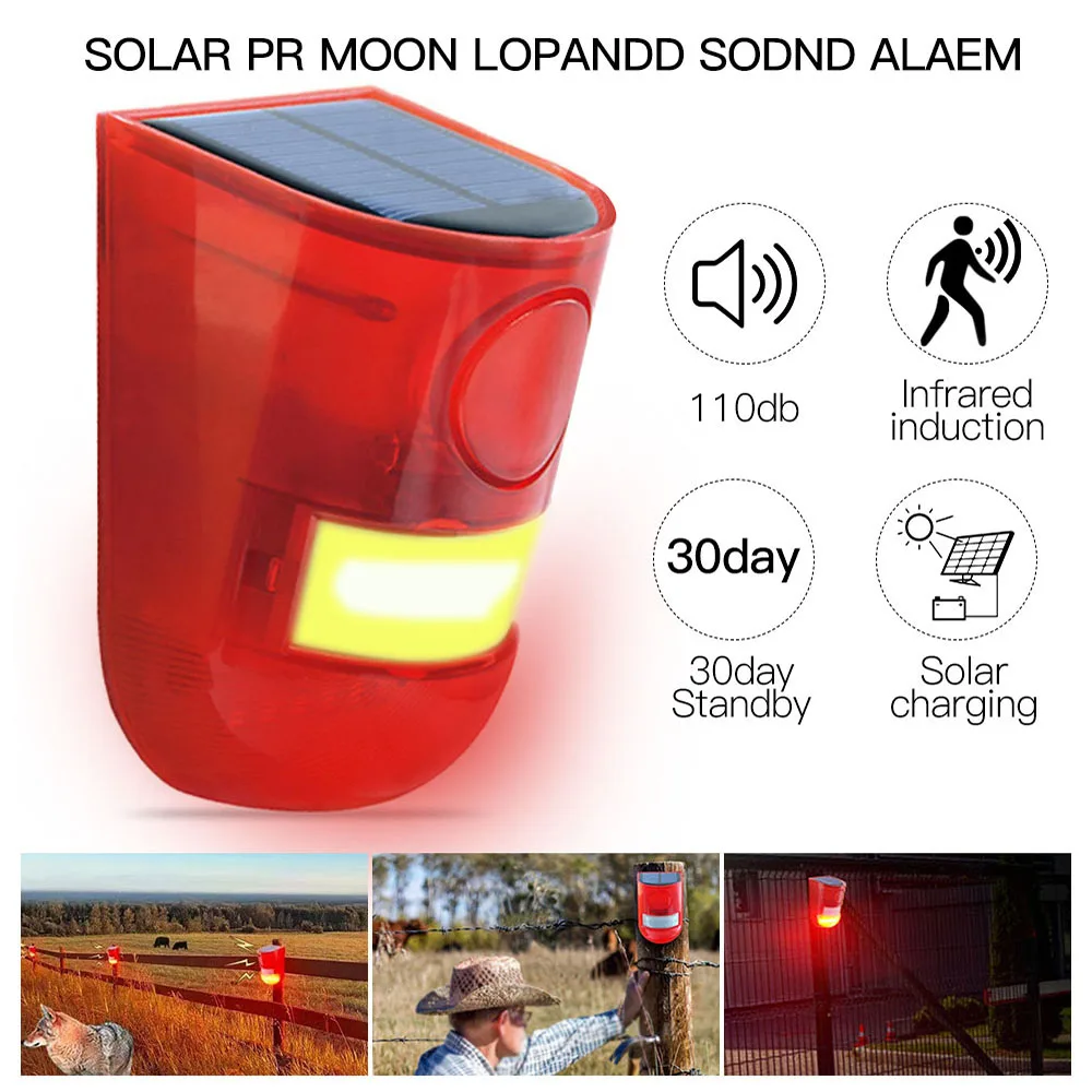 

Solar Powered Infrared Motion Sensor Detector Siren Strobe Waterproof Loud For Farm Orchard Farm Anti-theft Sound Light Alarm