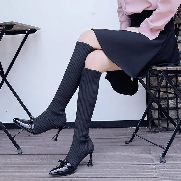 2019 Autumn and Winter Pointed Boots Women's Knitted Sweater Thin Skinny with High Bows But Knee | Обувь