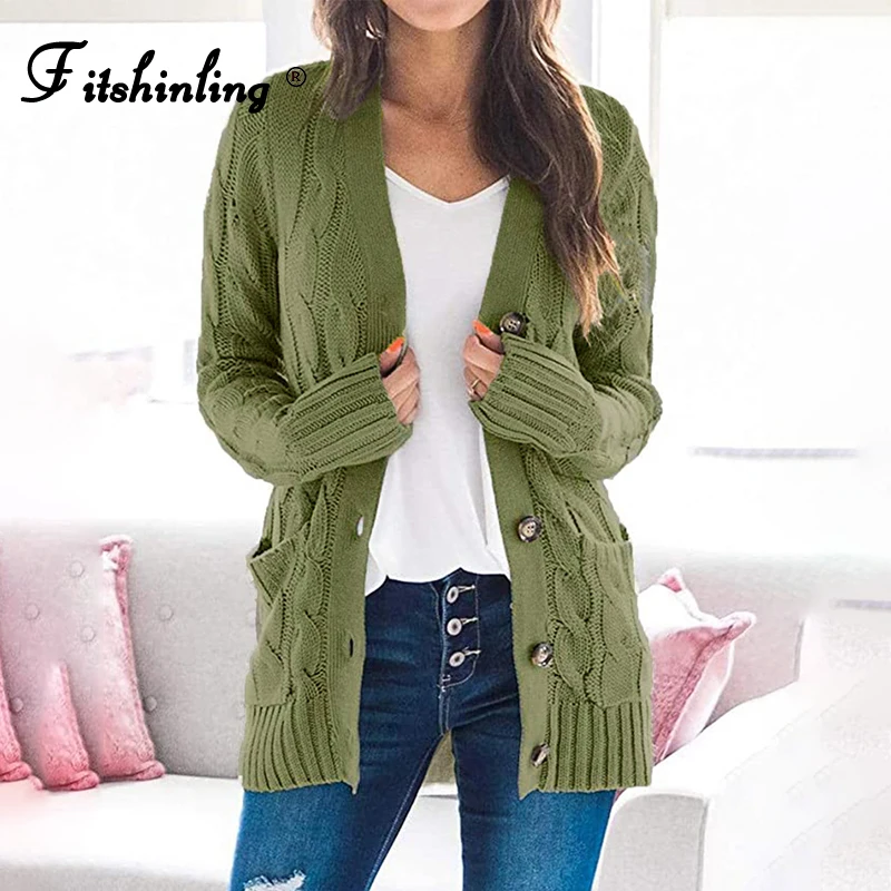 

Fitshinling Buttons Vintage Winter Coat Long Cardigan Female Clothes Knitwear Twist Pockets Fashion Slim Sweaters Jackets New