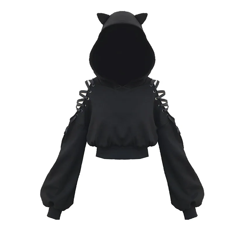 

Women Hoodies Autumn and Winter New Bandage Cat Ear Hooded Sweater Women's Velvet Short Slim Top Women Anime Hoodie Donsignet