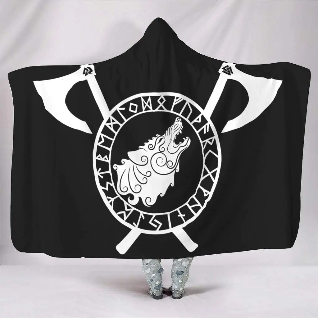 

Viking Fenrir Wolf Axes Scandinavian Runes Hooded Blankets Throw Cloak Cape Trendy Fleece Costumes White 60x80 Inch