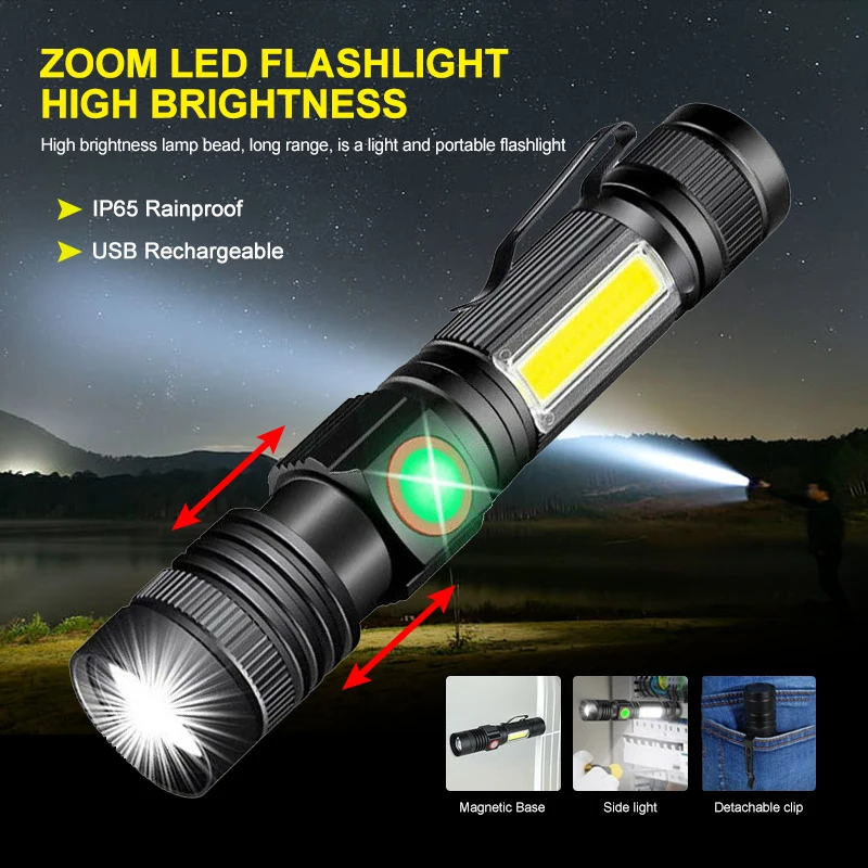 

XML T6 LED Flashlight Portable Magnetic Waterproof IP65 Recharge Torch With COB Sidelight Pocket Clip Zoomable Emergency Lamp