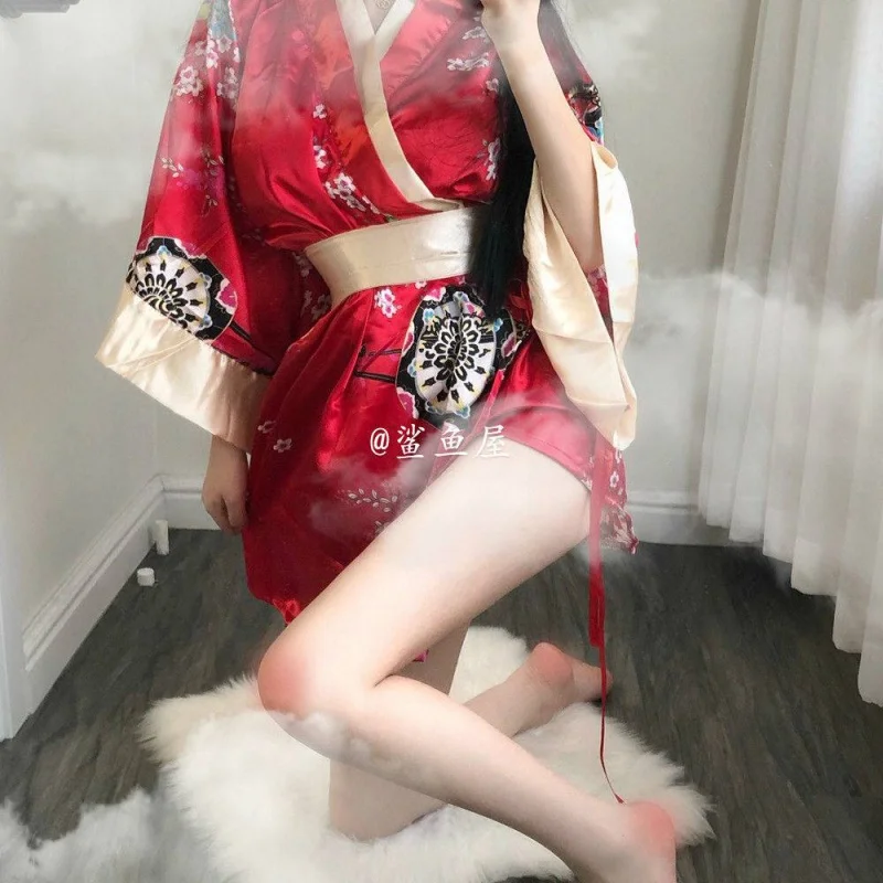 

Erotic Cosplay Newest Women Underwear Summer Hollow Out Costumes 2 Color Lingerie Sexy Clothes Japanese Kimono + G-string Suit