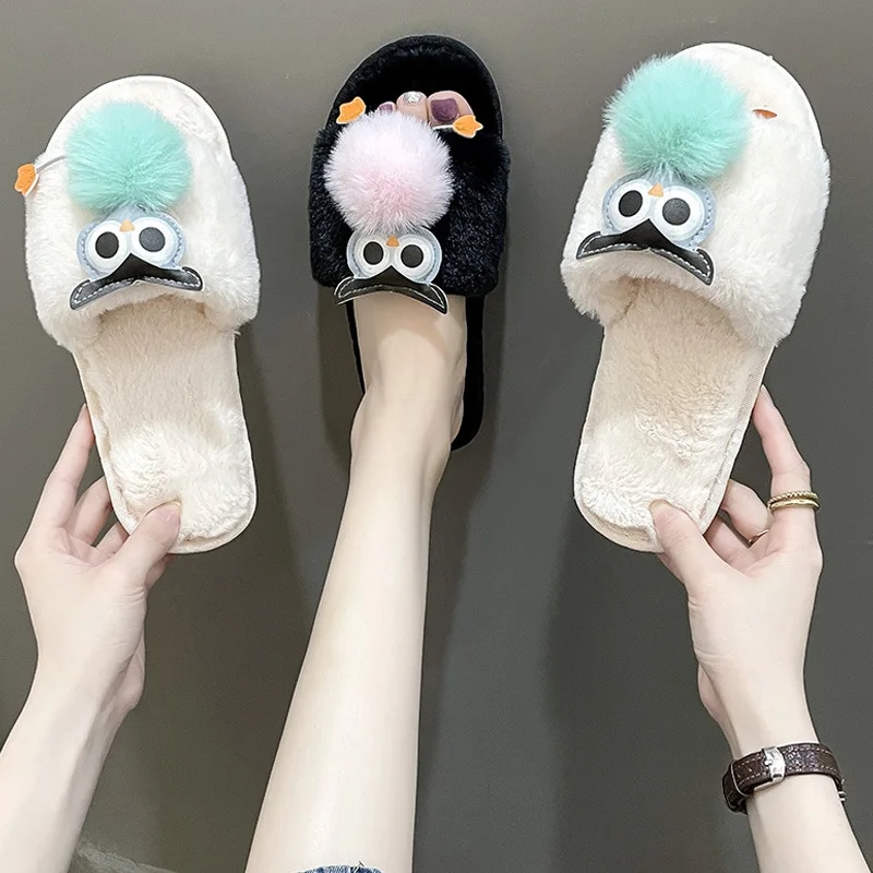 

Women Furry Slippers Ladies Sweet Bowknot Open Toe Home Slipper For Ladies Indoor Comfort Flat Shoes Female Flip-flop Winter New