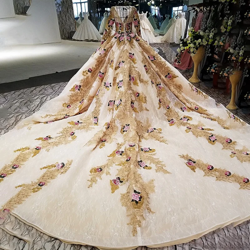 LS87410 Muslim Saudi Arabia Design Robe Longue Soiree Long Sleeves Golden White And Champagne Color Lace Up Back Evening Dress