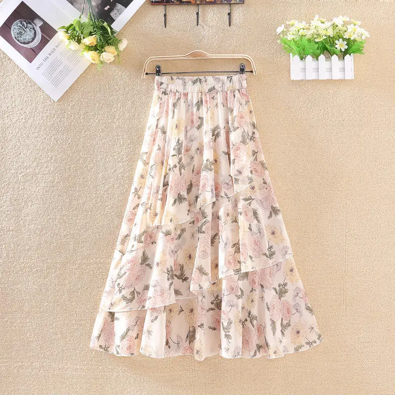 

2021 Summer New Style Big Swing Skirt High Waist Chiffon Half-length Anti-exhaust Thin A-line Skirt Umbrella Skirt Female Hakama