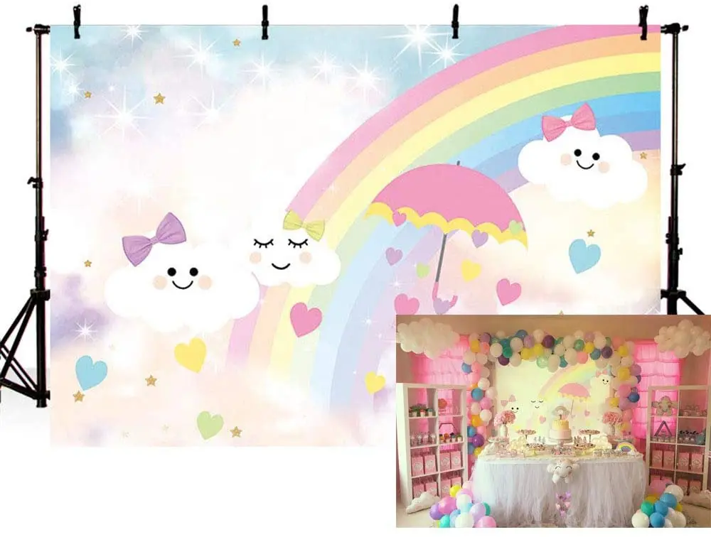 Enlarge Photo Background Cute Cartoon Rainbow White Cloud Sky Umbrella Princess Bow Love Girl Birthday Party Decoration Banner Backdrops