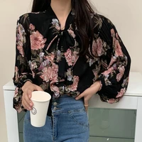 2022 spring women black floral chiffon blouses lacing up tie neck pleated balloon sleeve smock top oversized clothes korean look