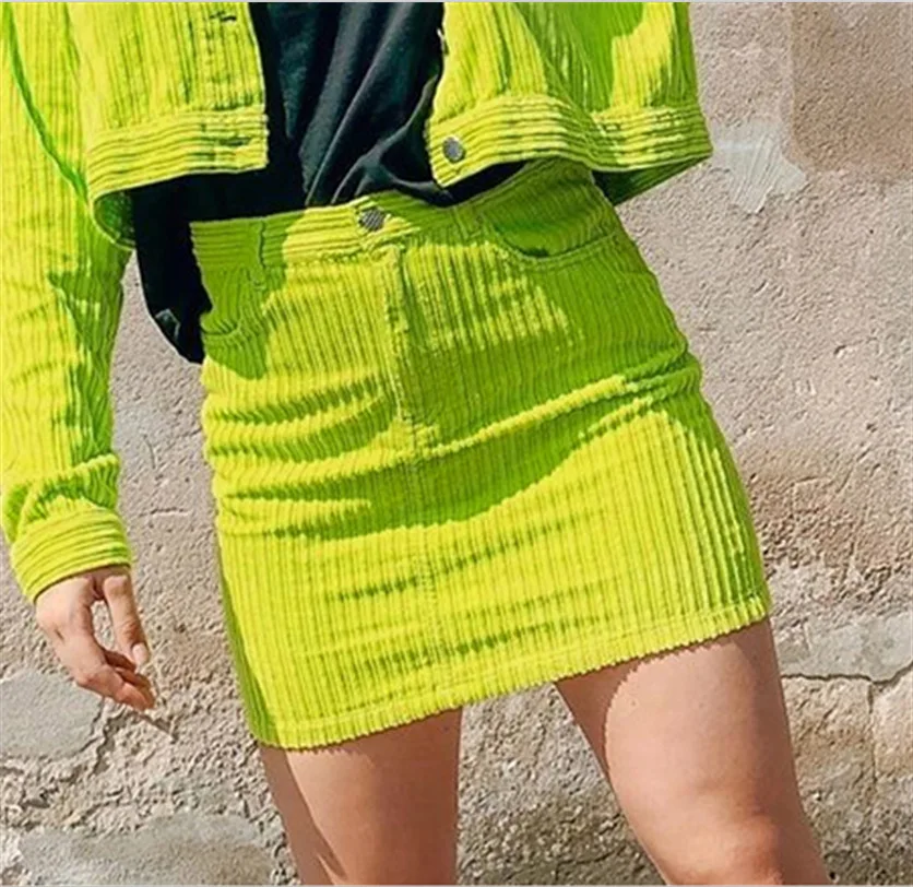 Green Skirt BOOFEENAA Вельветовая укороченная куртка женская уличная одежда осень зима модные короткие пальто ветровка фиолетовая неоновая зеленая C98-BA92 - Цвет: Green Skirt