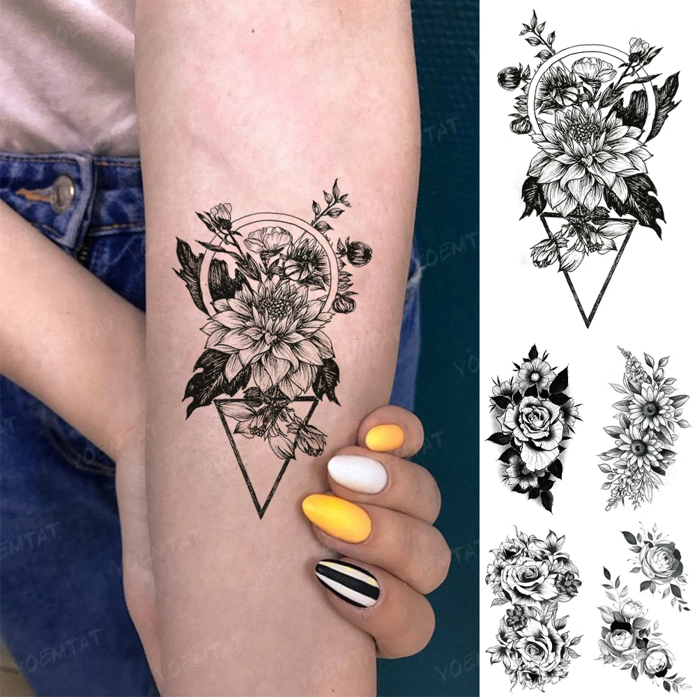 

Waterproof Temporary Tattoo Sticker Leaf Flower Linear Geometric Triangle Round Tatoo Arm Hand Black Tatto Man Woman Child Mini