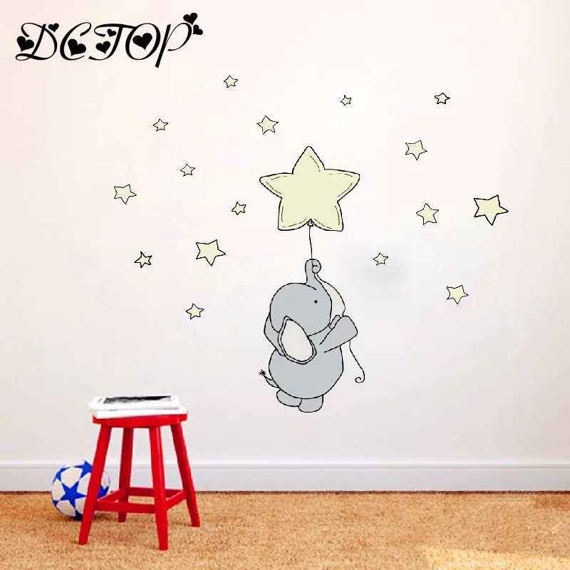 Cute Cartoon Nursery Elephant and Rabbit Wall Decals DIY Stars Stickers For Kids Baby Room Home Decortion Funny Art Vinyls Mural | Дом и сад