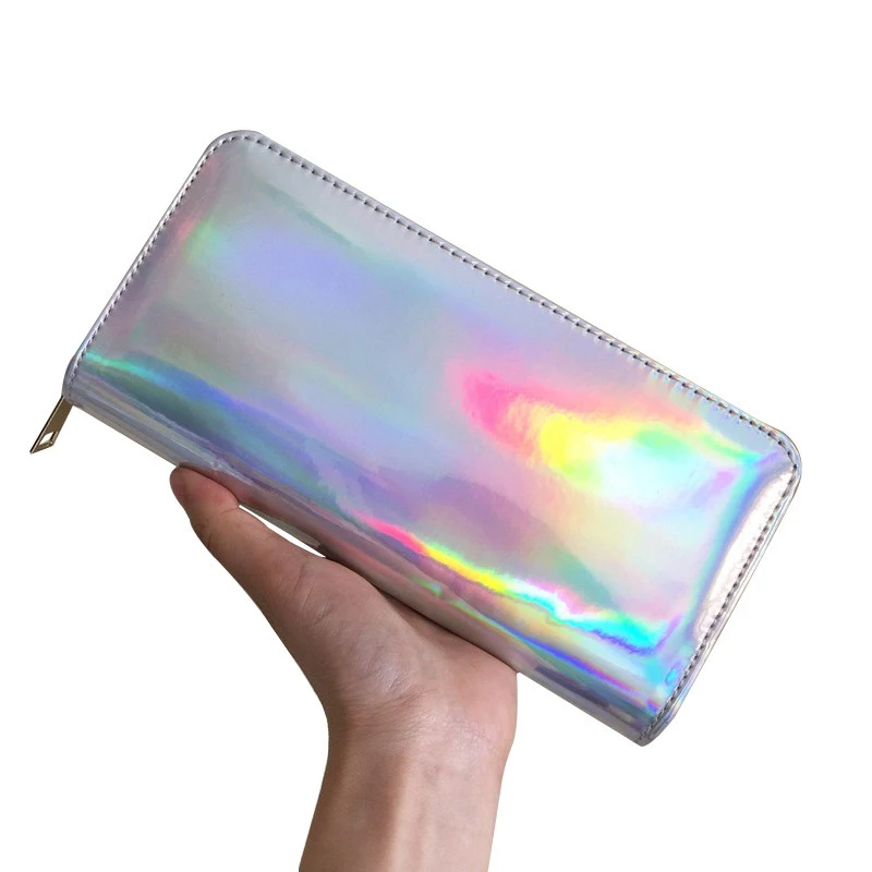 Кошелек на молнии с голограммой Женский кошелек серебряной молнией Длинный