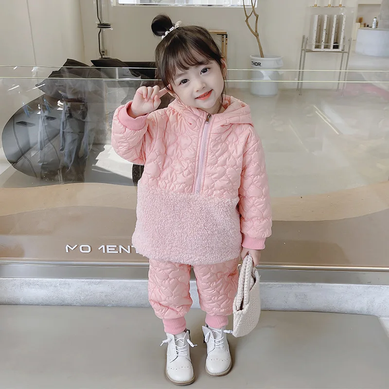 

Комплекты одежды для девочек, Осень-зима 2021, детская одежда, утепленные Плюшевые Детские Топы с капюшоном и штаны, Студенческая спортивная о...