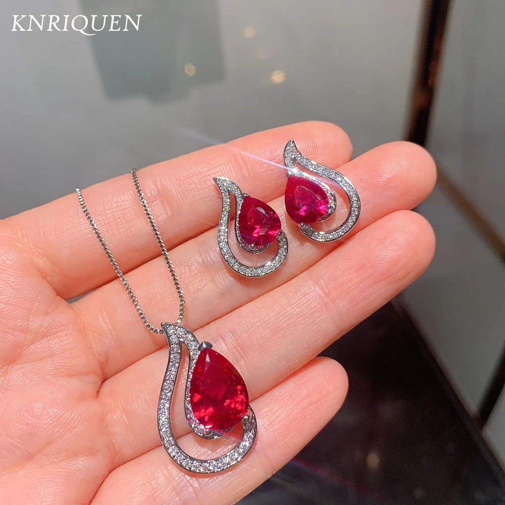 

Charms 925 Sterling Silver Gemstone Jewelry Sets for Women Luxury Pear-Shaped Ruby Lab Diamonds Pendant Necklace Earrings Jewel