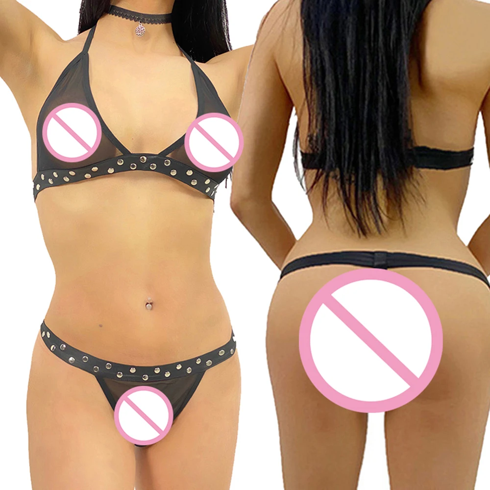 

WONDER BEAUTY Bra Set Sexy Lingerie Set Fashion Black Bra Mesh Vinyl Leather Underwear Hot Fetish Lingerie Set
