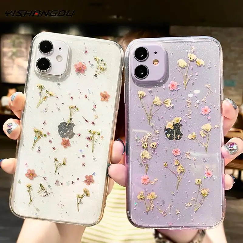 Мягкий чехол для телефона с настоящими высушенными цветами iPhone 12 11 Pro Max X XR XS 7 8 Plus 6
