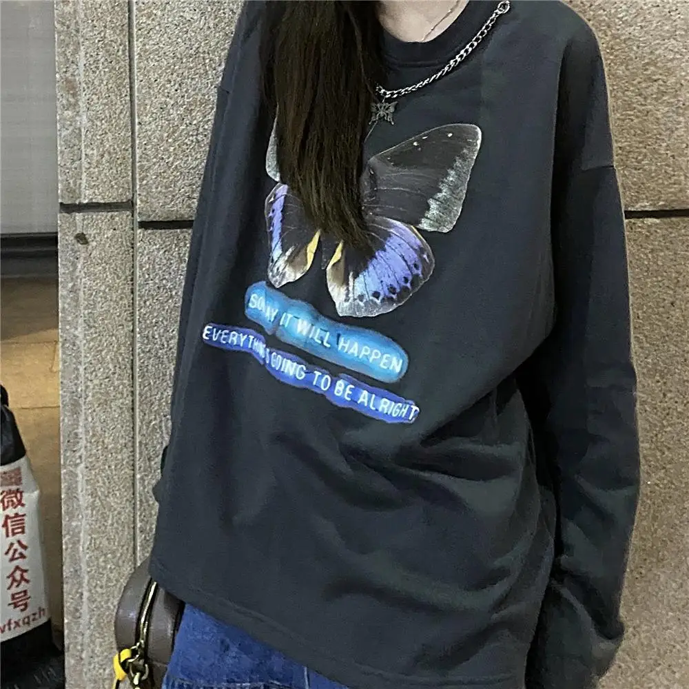 

Butterfly Alphabet Sweatshirt Women Fashion Retro Streetwear Pullover 2021 Spring Oversized Top Kpop Round Neck Women'S Clothing