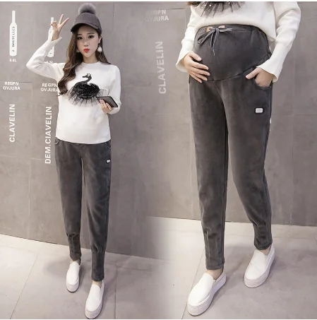 Зимние утолщенные теплые бархатные брюки для беременных женские Одежда