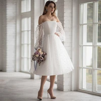 tea length strapless wedding dress 2021 polka dot off the shoulder tulle lace up back plus size bridal gowns robe de mari%c3%a9e