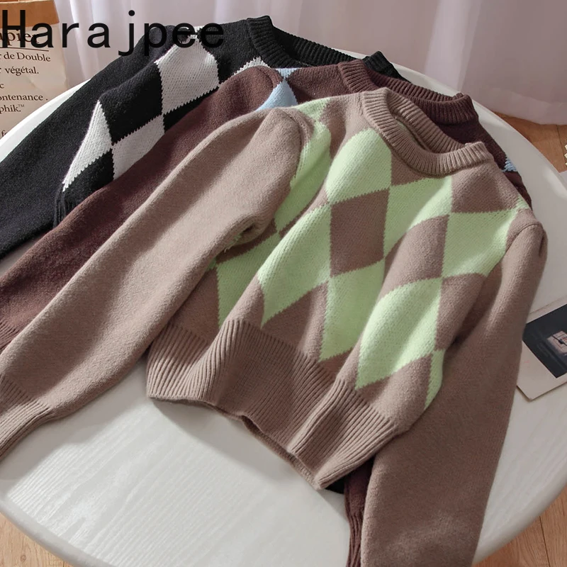 

Женский пуловер в стиле харадзпи, свитер в ретро-стиле с бриллиантами, в клетку, новинка осенне-зимнего сезона 2021, корейский шикарный свобод...