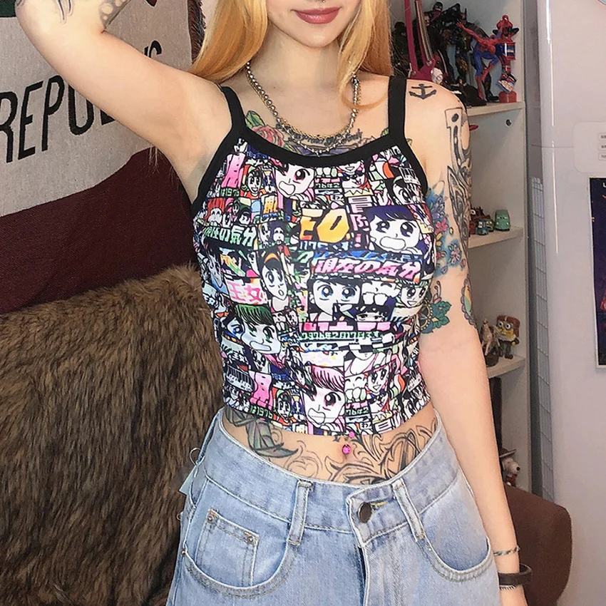 

Kpop Sexy Camisole Crop Top Women Fashion Cartoon Printed Hip-Pop Streetwear Party Camisole Female Sleeveless Summer Camiso Tops
