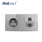 Европейская настенная розетка Wallpad с двойным разъемом HDMI 3,0, передача данных, серая кристальная двойная панель из закаленного стекла