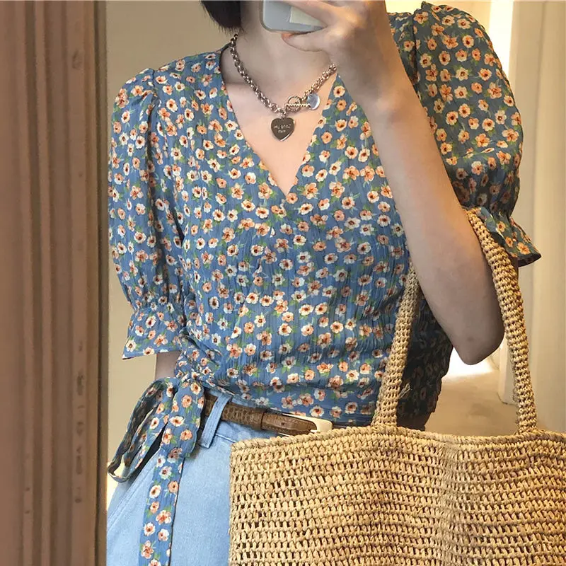 Kadın şifon gömlek yaz gevşek kısa baskı puf kollu yüksek bel v yaka üst Blusas Ropa De Mujer