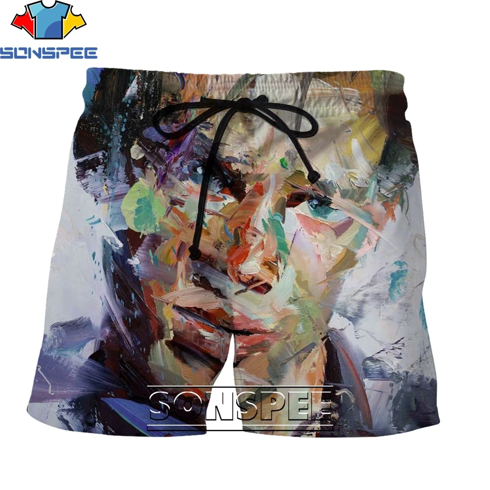 

SONSPEE New Fashion Artistic Oil Painting Portrait 3D Printing Men's Shorts Summer Creative Harajuku Personality Beach Shorts