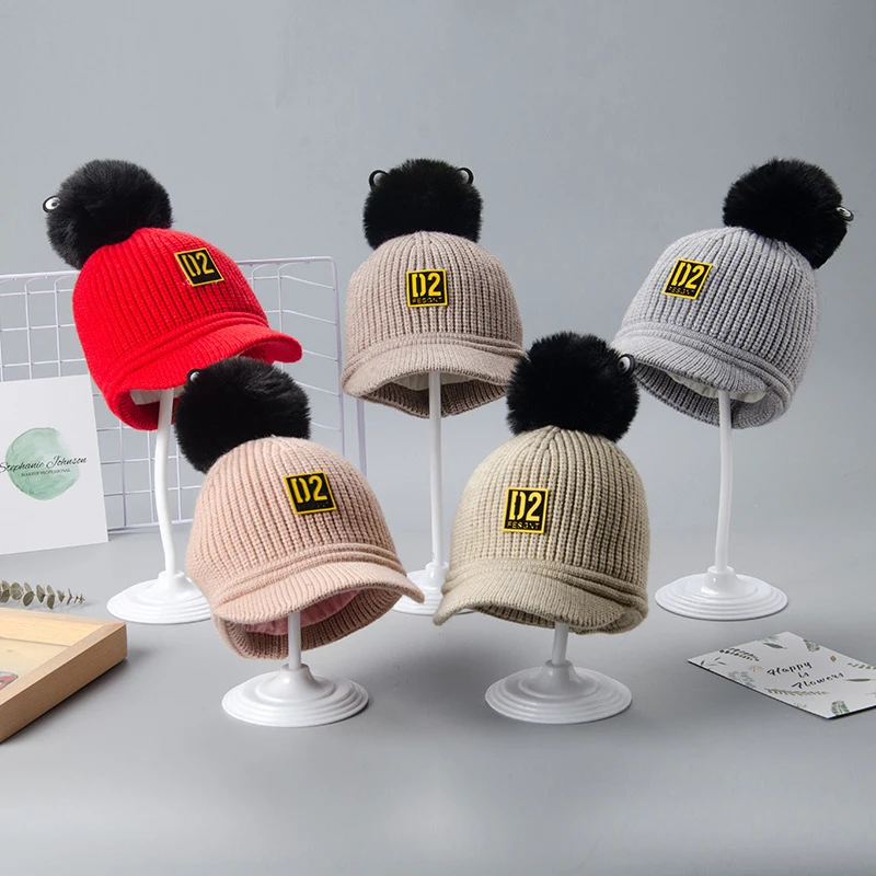 Baby Hat Cotton With Poms Letters Winter Warm Fur Ball Baseball Caps For Boys Girls Knitted Kids Headwear | Детская одежда и обувь
