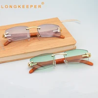 longkeeper vintage rimless sunglasses women men luxury brand classic wood legs rectangle sun glasses male glasses uv400 gafas