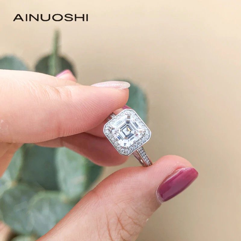 

AINUOSHI 2,0 карат Сона кольцо с бриллиантом Ашер Halo ювелирные изделия для помолвки, свадьбы, 925 стерлингового серебра Квадратные Кольца для женщ...