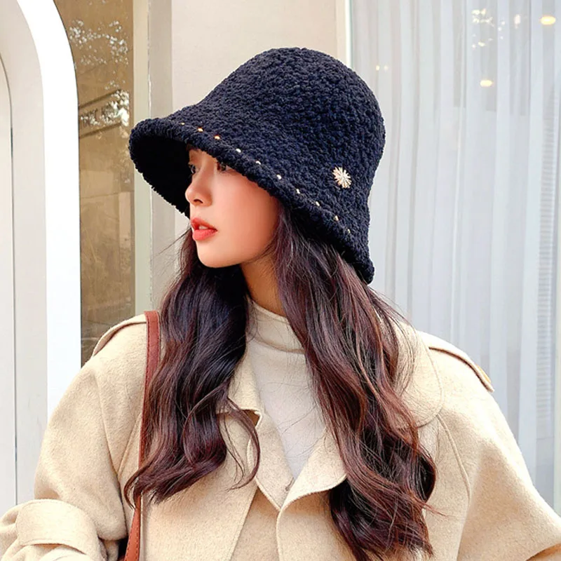 

2021 New Hats for Women Autumn Winter Dome Bucket Hats Lamb Plush Soft Warm Fisherman Hat Panama Casual Caps Lady