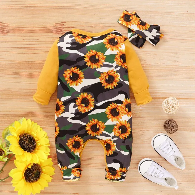 

Autumn Newborn Romper Set Baby Romper Girl Baby Girl Boy Long Sleeve Sunflower Print Bodysuit Clothing+Headband
