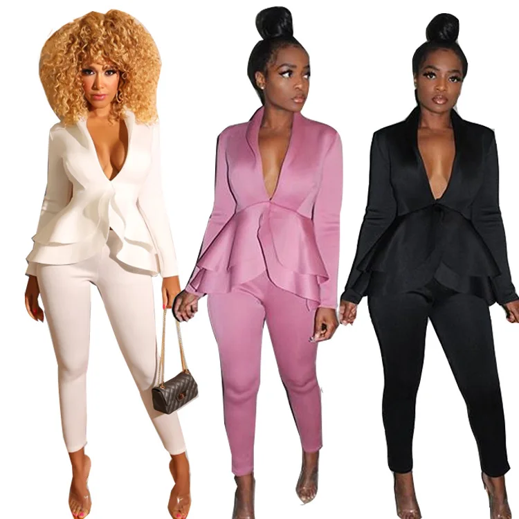 Осень зима сплошной цвет женский комплект глубокий v образный вырез оборки