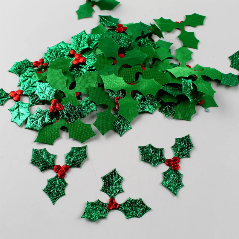 100Pcs 3/5cm Glitter Green Holly Leaf and Red Berry Cloth Applique for Christmas Table Decoration Stick-on Accessories