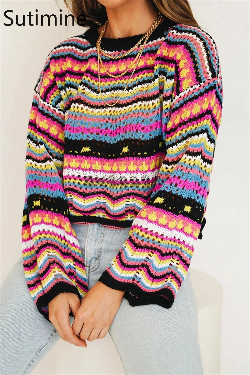 

Женский свитер оверсайз в готическом стиле, полосатый вязаный свитер в стиле панк, джемпер свободного кроя, Женский Длинный пуловер с вырез...