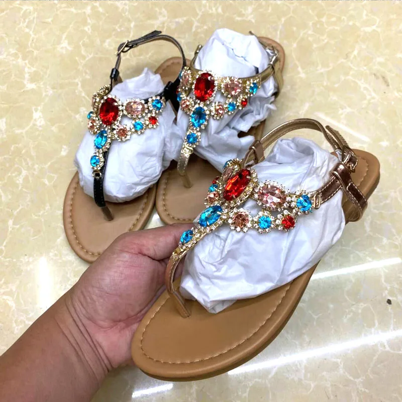 

Women's Sandals 2021 Summer Shoes Woman Fashion Colored Rhinestones Gladiator Style Flat with Crystal Plus Size Ladies Sandalia