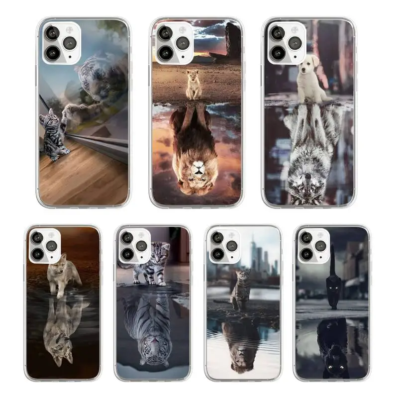 

Cat tiger dog lion reflection Phone Case Transparent soft For iphone 12 11 13 7 8 6 s plus x xs xr pro max mini