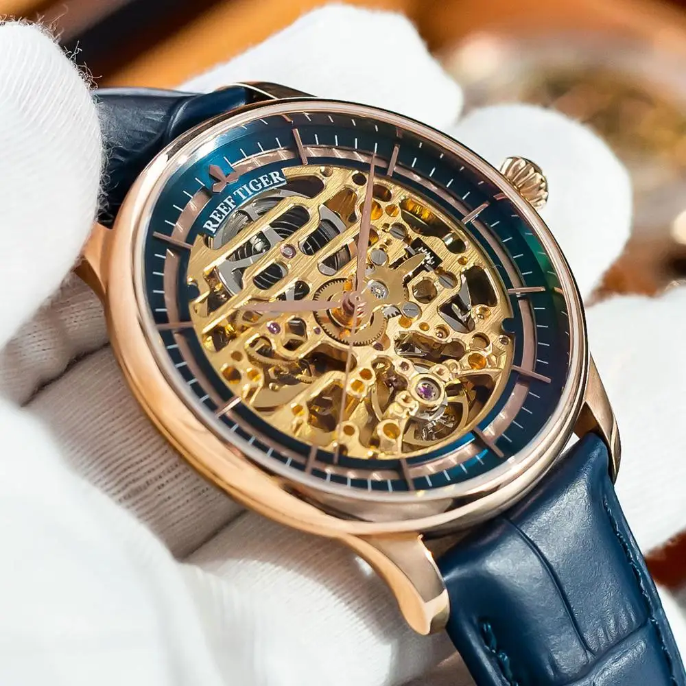 Мужские часы скелетоны из телячьей кожи цвета розового золота|tiger design|watch automaticwatch