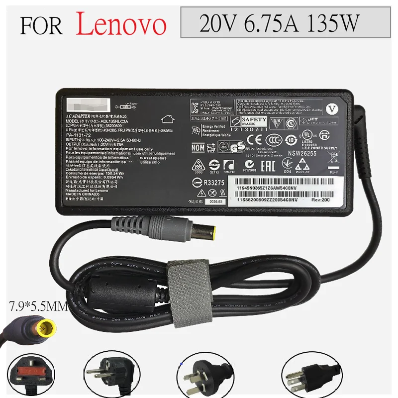 

20V 6.75A 135W Laptop Charger For Lenovo Charger ThinkPad W510 W510 All-In-One PC 4389-W3Q 45N0059,45N0055,45N0053,45N0057