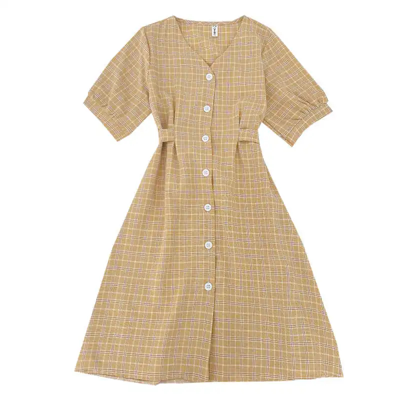 

2021 summer new fashion versatile V-neck Plaid single breasted waist strap bubble sleeve mid length dress for women