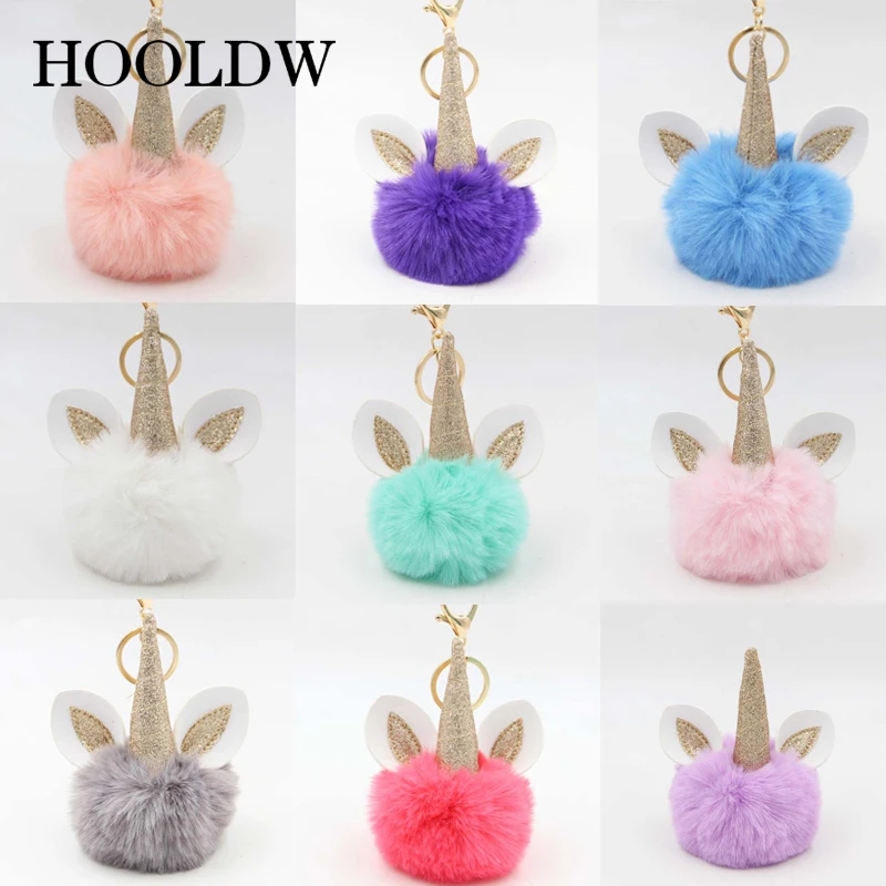 Брелок HOOLDW для ключей в виде единорога помпоны из искусственного кроличьего меха