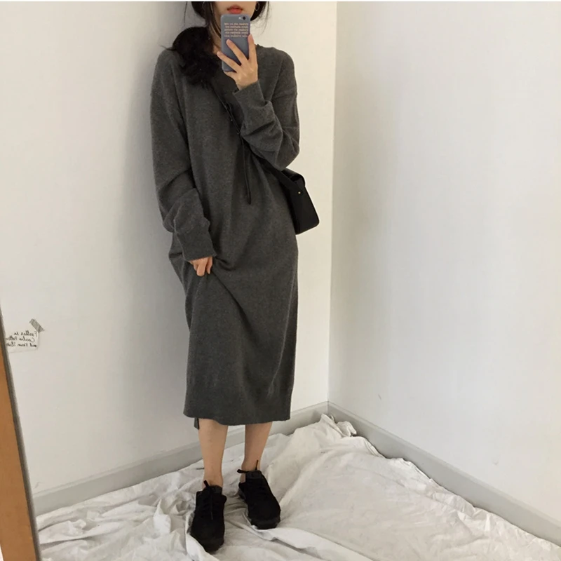 

Korean Chic Autumn Winter Women's Wild Loose Casual Over-The-Knee Soft Sweater Dress